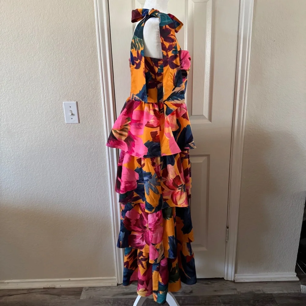 Farm Rio Tropical Floral Printed Colorful Layered Maxi Dress Size L Tie Straps - Picture 7 of 14